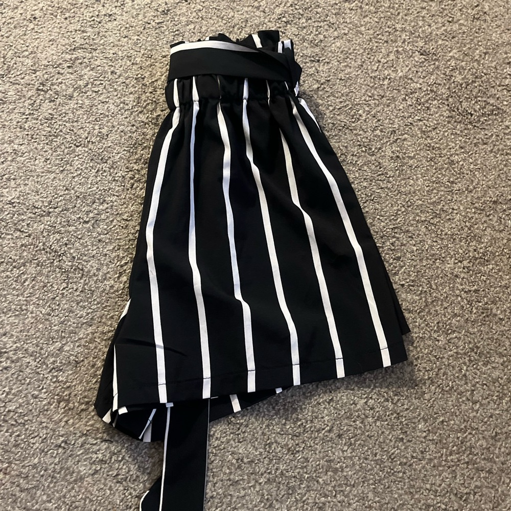 black, white striped, flowy shorts, with ties